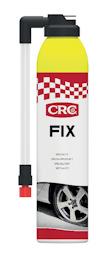 Sprayburk med etikett "CRC Fix", rött och vitt mönster högst upp, bild på ett däck längst ned.