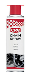 Sprayburk med röd och vit etikett märkt "CRC Chain Spray". Under syns en bild av en motorcykelkedja.