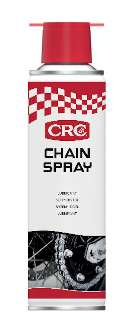 Sprayburk med röd och vit etikett märkt "CRC Chain Spray". Under syns en bild av en motorcykelkedja.