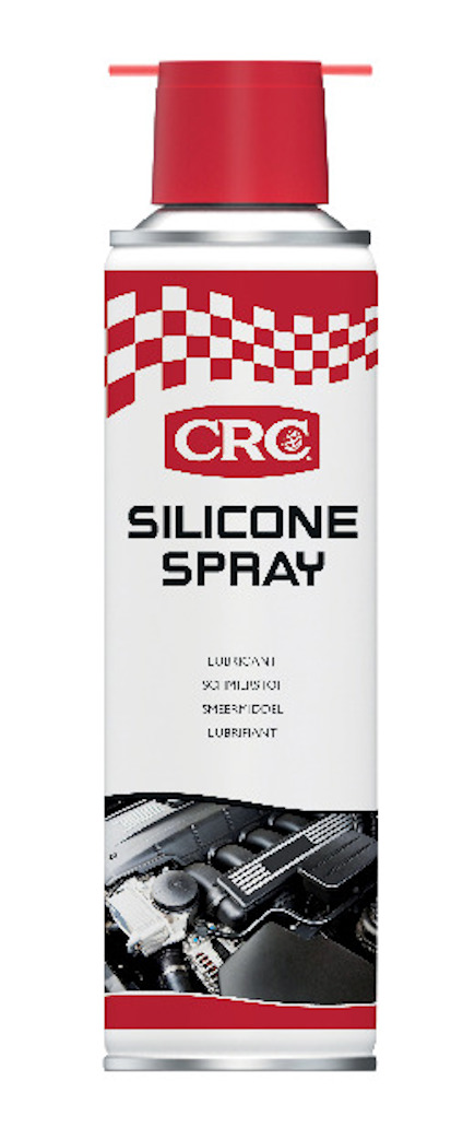 Sprayburk med etikett "CRC Silicone Spray". Vit och röd design med bild av maskindelar längst ner.