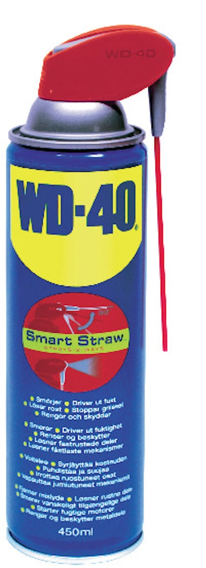 Sprayburk med blå etikett, gul WD-40-logotyp och röd spraymunstycke. Text och instruktioner syns på etiketten.
