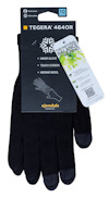 Textilhandskar Tegera 4640R, svarta, med touchfunktion och merinoull, fästade på förpackningskort med informationsetikett.