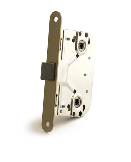 Metalliskt låshus med rektangulär frontplatta och två fästhål, mot en vit bakgrund.