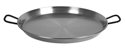 En rund, metallisk paellapanna med två svarta handtag.