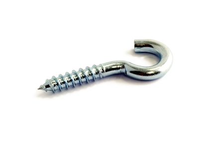 Metallkrok med gängad ände för montering. Kroken är silverfärgad och visar en öppen form för upphängning.