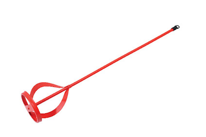 Röd blandarvisp med långt handtag och cirkulär paddel i ena änden.
