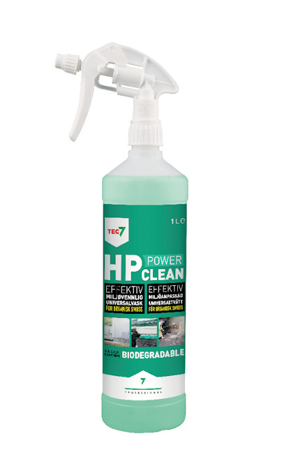 Sprayflaska med grön etikett märkt "HP POWER CLEAN". Etiketten innehåller text om effektivitet och nedbrytbarhet.