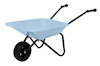 Ljusblå barnskottkärra med svart ram och ett hjul.