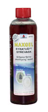 Plastflaska med röd vätska och etikett som visar "MAXGEL SYRATVÄTT". Innehåller text på svenska och bilder "Före" och "Efter".