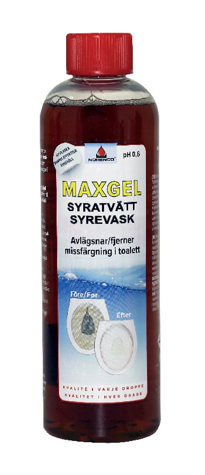 Plastflaska med röd vätska och etikett som visar "MAXGEL SYRATVÄTT". Innehåller text på svenska och bilder "Före" och "Efter".