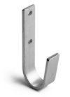 Metallkrok med två hål för montering, silverfärgad och avsedd för väggmontering.