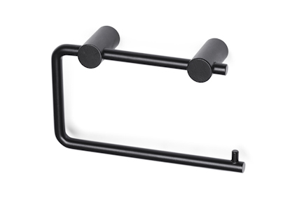 Svart toalettpapperhållare med minimalistisk design, horisontell stav och fästen.