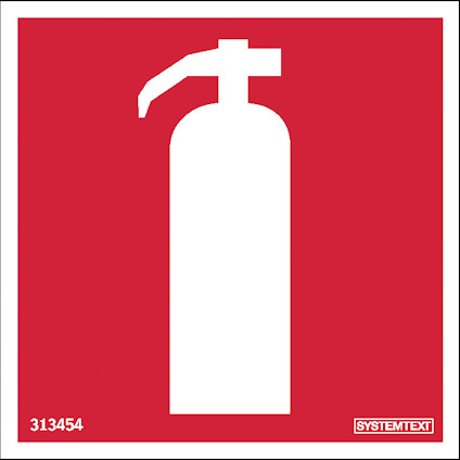 Vit brandsläckarsymbol på röd bakgrund med texten "SYSTEMTEXT" och siffrorna "313454" i hörnet.