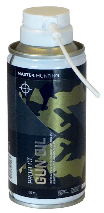 Sprayburk med texten "Master Hunting Protect Gun Oil". Volym: 150 ml. Utrustad med spraymunstycke.