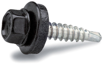 Svart sexkantsskruv med bricka, avsedd för byggkonstruktion.