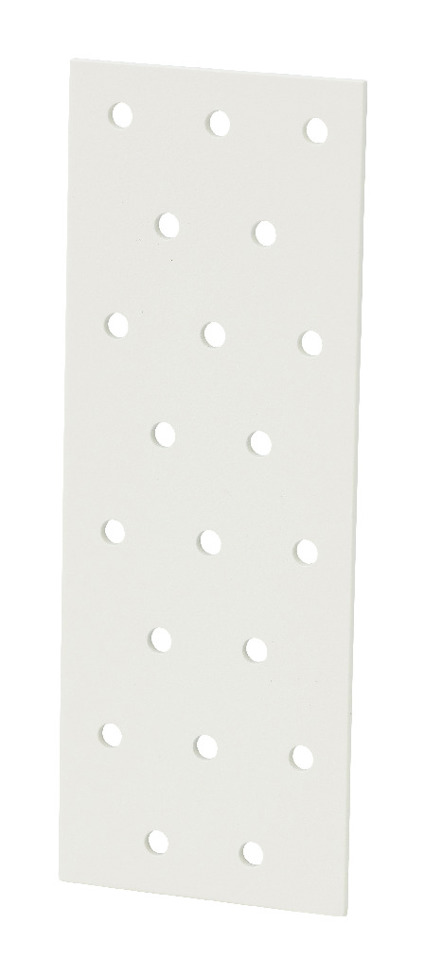 Vit rektangulär platta med jämnt fördelade runda hål.
