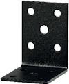 Svart vinkelbeslag med flera runda hål för skruvmontering.