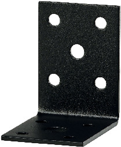 Svart vinkelbeslag med flera runda hål för skruvmontering.