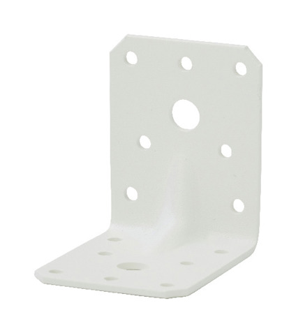 Vitt vinkelbeslag med flera små runda hål och ett större hål i mitten. Beslaget har en 90-graders böj.