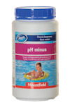 Behållare med etikett: "pH minus" och bild av barn i bassäng. Märkt med "Mountfield" och "Azuro".