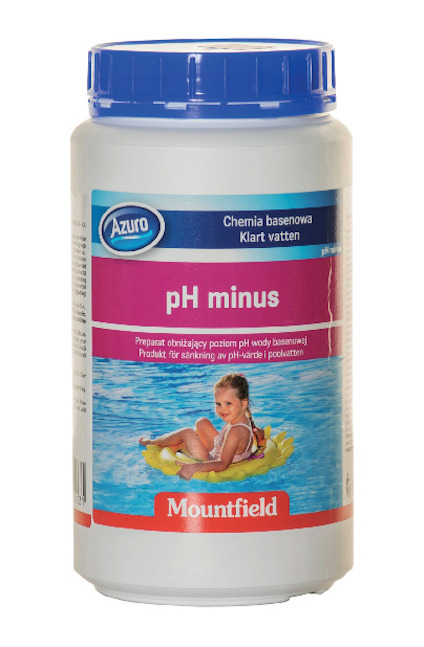 Behållare med etikett: "pH minus" och bild av barn i bassäng. Märkt med "Mountfield" och "Azuro".