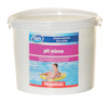 Behållare med vit plast och etikett, märkt "pH minus", med bild av barn i gul flytring i pool.