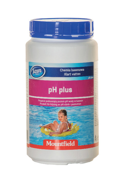 Vit behållare med blått lock och etikett. Text: "pH plus, Klar vatten, Azuro, Mountfield". Bild på barn i en pool.