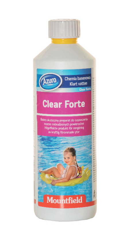 Flaska med etiketten "Azuro Clear Forte", visar ett barn i en flytring i en pool.