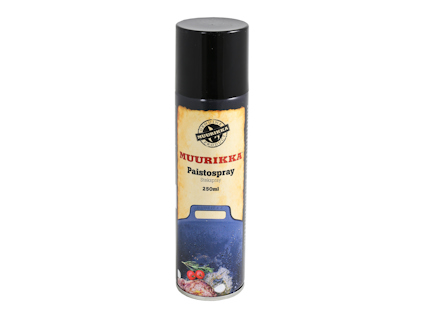Sprayburk med etiketttext "MUURIKKA Paistospray 250ml". Blå etikett med bild av köksredskap och mat.