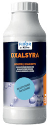 Vit flaska med etiketten "Fixor by Nitor OXALSYRA" och beskrivande text om användning.