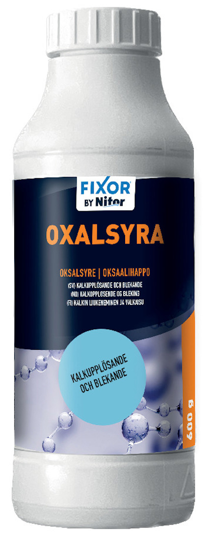 Vit flaska med etiketten "Fixor by Nitor OXALSYRA" och beskrivande text om användning.