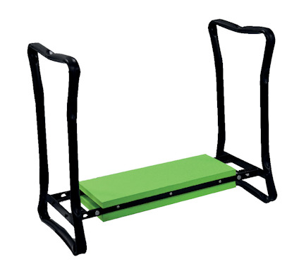 Grön knä- och sittpall med svart, hopfällbar metallram.