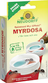 Förpackning av Neudorff Spinosad Myr Effekt med text "MYRDOSA" och bilder av myror samt en doseringsanordning.