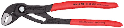 Röd och svart polygriptång med reglerbara käftar och texten "Knipex Cobra" på handtaget.