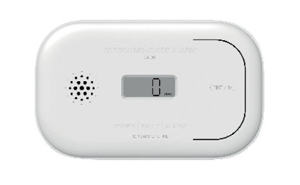 Kolmonoxidvarnare med LCD-display som visar "0 PPM", testknapp och ventilationsöppning.