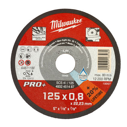 Rund kapskiva med röd etikett, märkning "Milwaukee", specifikationer 125x0,8 mm, 22,23 mm.