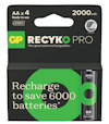 Förpackning av GP Recyko Pro AA-batterier, 2000 mAh, med text och symboler på framsidan.