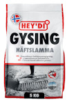 Förpackning med texten "HEY'DI GYSING HÄFTSLAMMA 5 KG" samt symbol och text på norska, svenska och engelska.