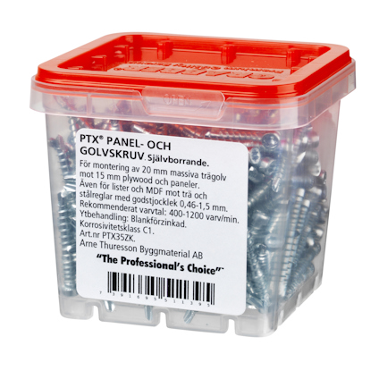 Behållare med PTX självborrande panel- och golvskruv, rött lock. Text om användning och produktinformation.