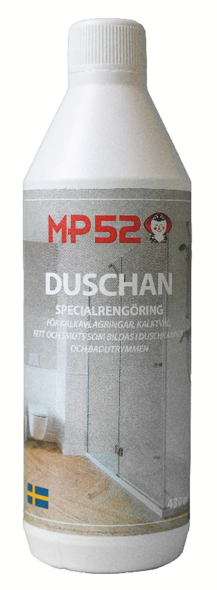 Flaska med etiketttext: "MP52 Duschan Specialrengöring", bild av ett badrum med glasduschvägg.