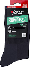 Svart socka med förpackning som visar text: "Jalas 8208B, Breathable Supersoft Sock, Tencel, Comfortable in all environments, Super soft".