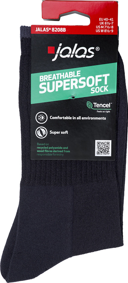 Svart socka med förpackning som visar text: "Jalas 8208B, Breathable Supersoft Sock, Tencel, Comfortable in all environments, Super soft".