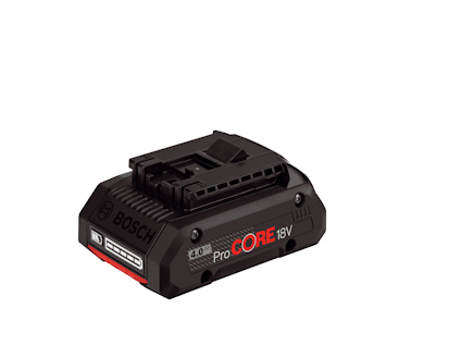 Batteri med texten "BOSCH ProCORE 18V 4.0 Ah" på sidan, svart med röda och grå detaljer.