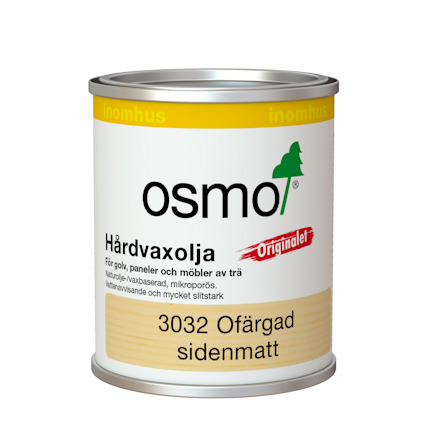 Hårdvaxolja från Osmo i en metallburk med etikett, text: "Osmo Hårdvaxolja Originalet 3032 Ofärgad sidenmatt".