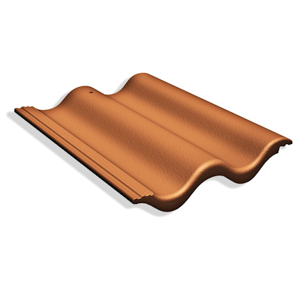 Rödbrun tvåkupig takpanna med slät yta och svagt böjd form.