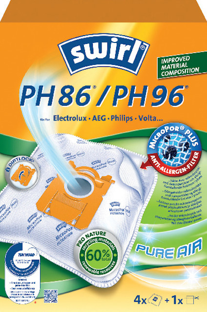 Förpackning för Swirl dammsugarpåsar PH86/PH96 med text om materialkomposition och allergenfilter.