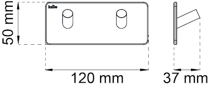 Rektangulär platta med två cylindriska knoppar, mått: 120x50mm och 37mm djup.