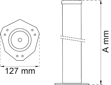 Ritning av en hexagonal bas med mått 127 mm och en vertikal cylinder med höjd A mm.