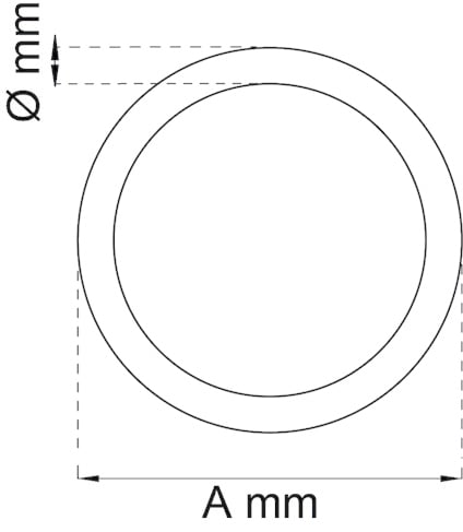 Ritning av två koncentriska cirklar med märkning: A mm (diameter), ø mm (tjocklek).