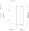 Ritning av låshus med mått: 110x73 mm, 45 mm djup. Detaljerade mått: 21 mm, 73 mm, 73 mm, 20 mm, 150 mm.